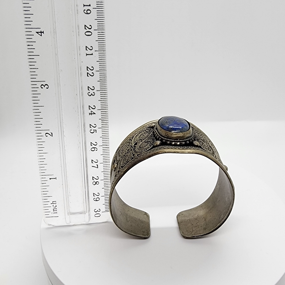 Vintage Lapis Lazuli Stone Old Brass  Decorative Cuff Bracelet - Picture 5 of 14